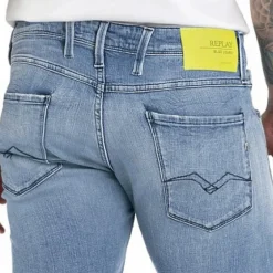 Jeans Replay homme anbass bleu clair, bouton et étiquette jaune