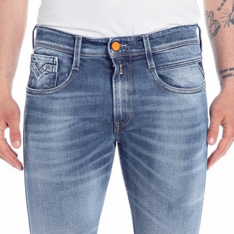 Jeans Replay homme anbass slim bleu clair avec détails orange